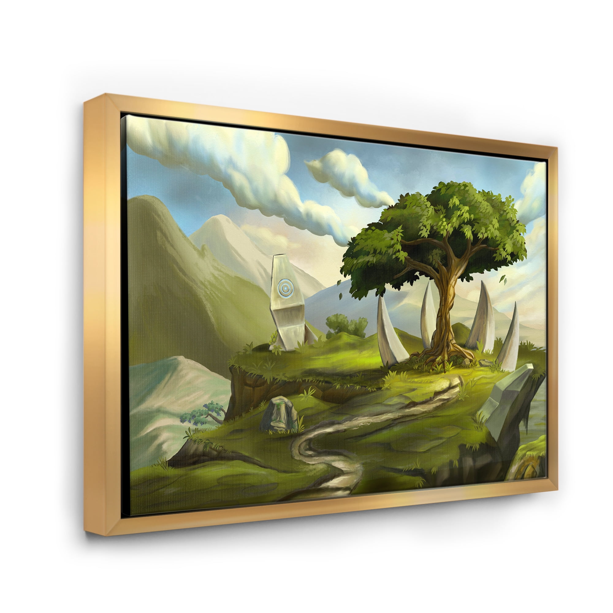 Sacred Tree In A Fantasy Green Landscape 40 in x 30 in Framed Painting Canvas Art Print, by Designart