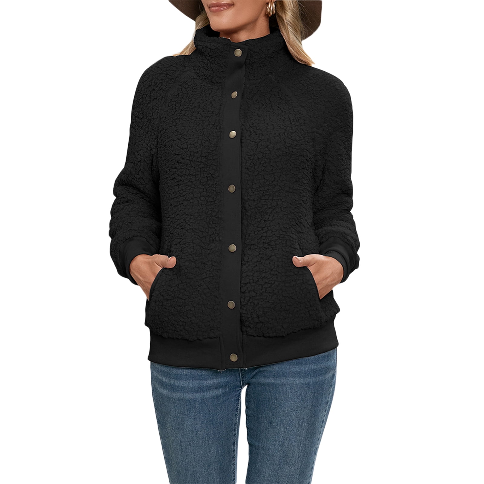 SSPalu Women Long Sleeve Button Up Solid Color Jacket Lapel Neck Fuzzy Fleece Sweater Cardigan, Women's, Size: Medium, Black