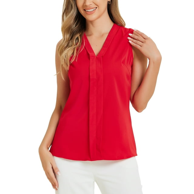 INSPIRAR CHIC Blusas de Trabajo sin Mangas con Pliegues en el Frente y Cuello en V para Mujeres XS Rojo