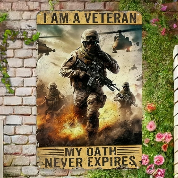 2D Flat 1pc Veteran Soldier Metal Wall Art with I AM A VETERAN & My Oath Never Expires Quote - Patriotic Military Service Tribute, 8x12 Inch Contemporary Metal Sign for Office or Living Room Decor - H