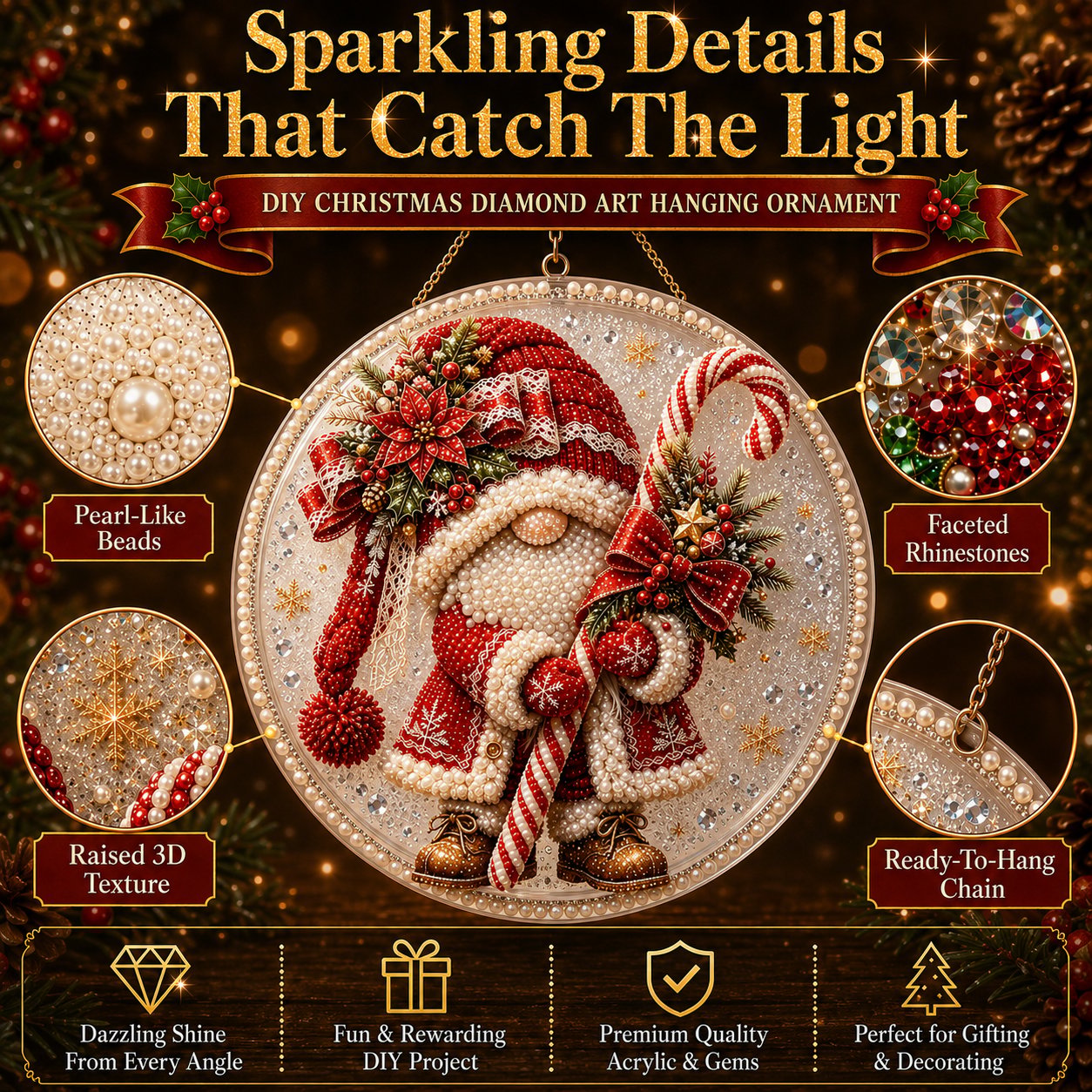 thumbnail image 7 of DIY Christmas Gnome Diamond Art Ornament Kit - Hanging Wall Decor for Adults, Festive Indoor Christmas Decoration & Easy Craft Kit, 7 of 7