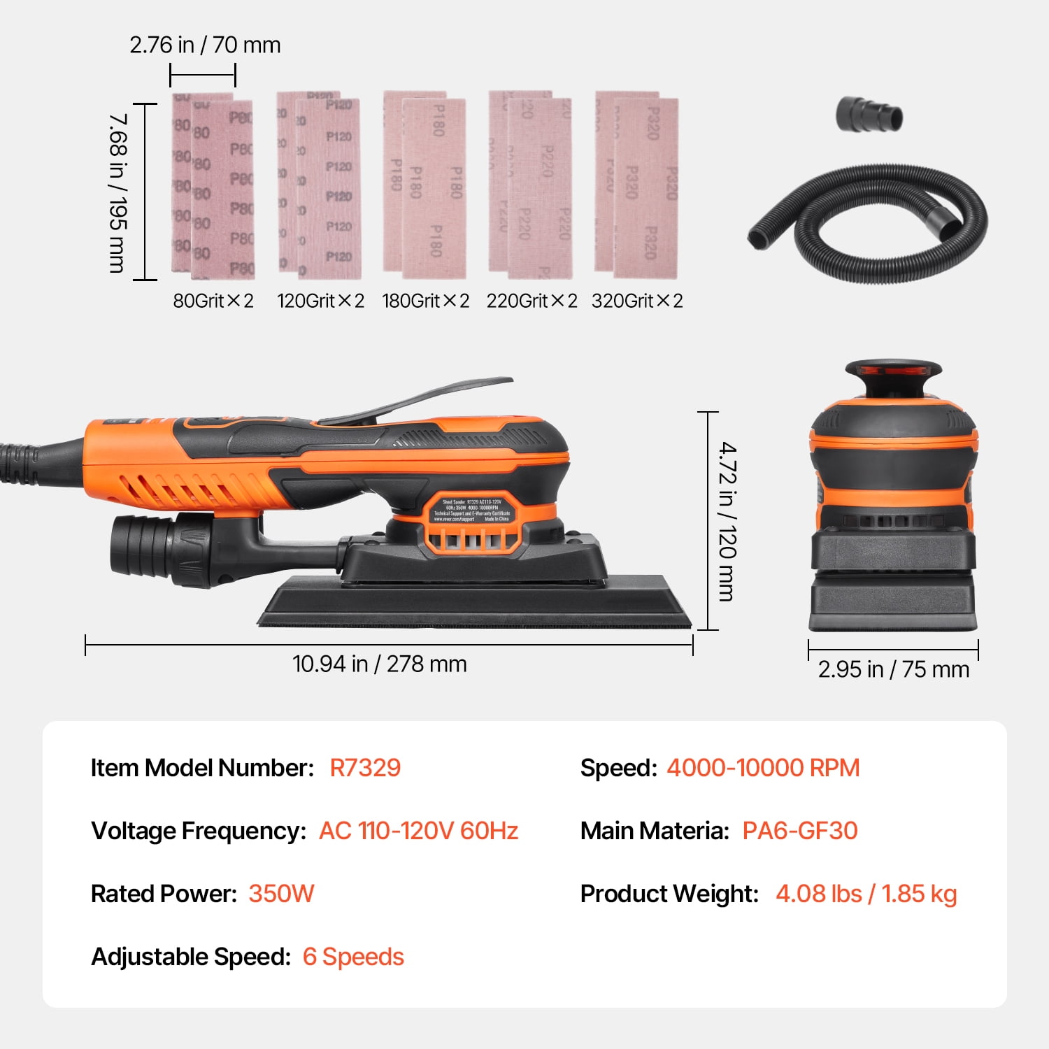 KFFKFF Orbital Sander, 3/8 Sheet 3A EC Brushless Sander, Up to 10000RPM Adjustable Speed Sheet Polishing Sander with 10PCS Sanding Sheets and Dust Extraction Adapter for Carpentry