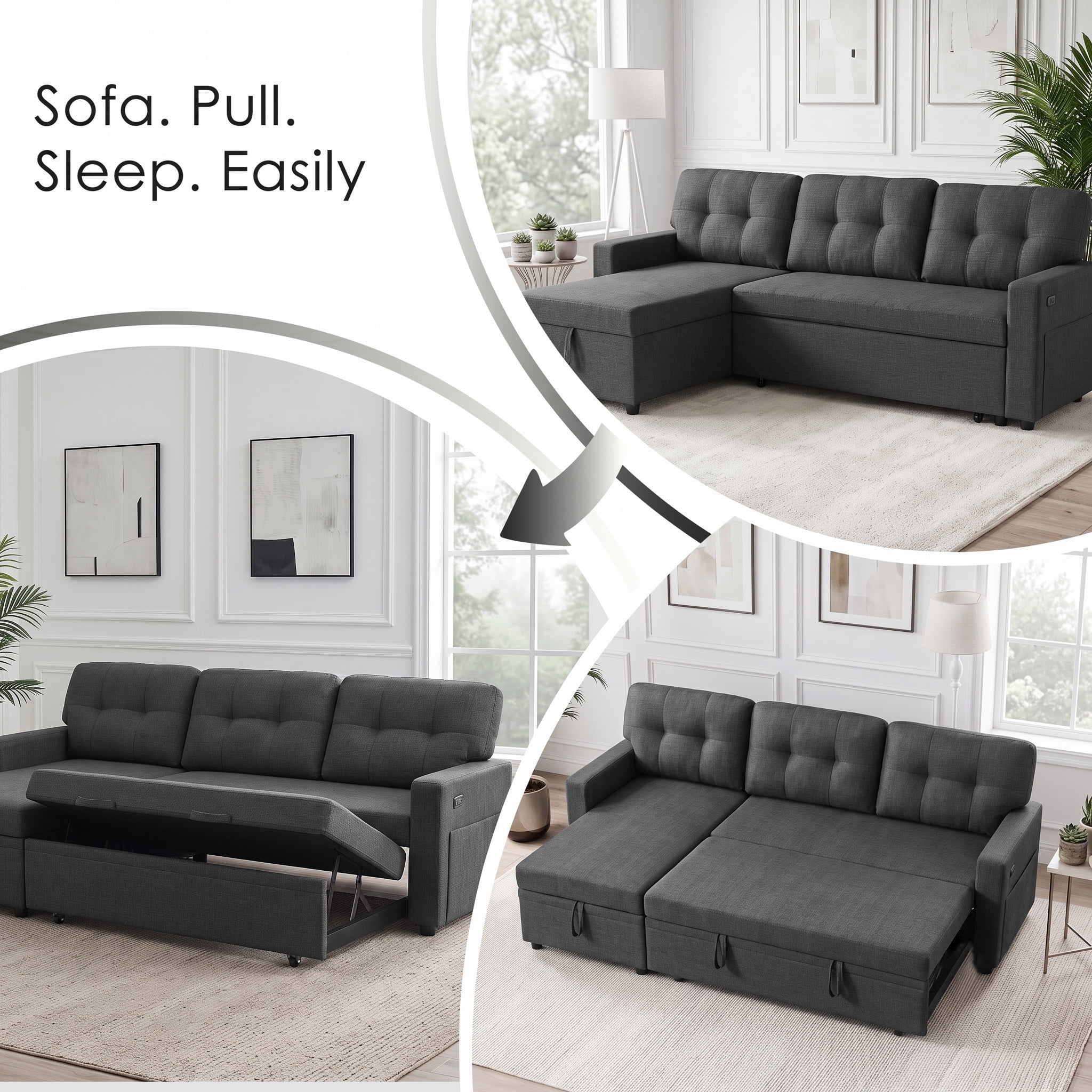 Convertible Sectional Sleeper Sofa Bed, 82" L Shaped Sofa with Pull Out Couch, Reversible Chaise, Storage & Charging Ports, Linen Fabric 3 Seater Couch for Small Spaces Living Room, Dark Gray