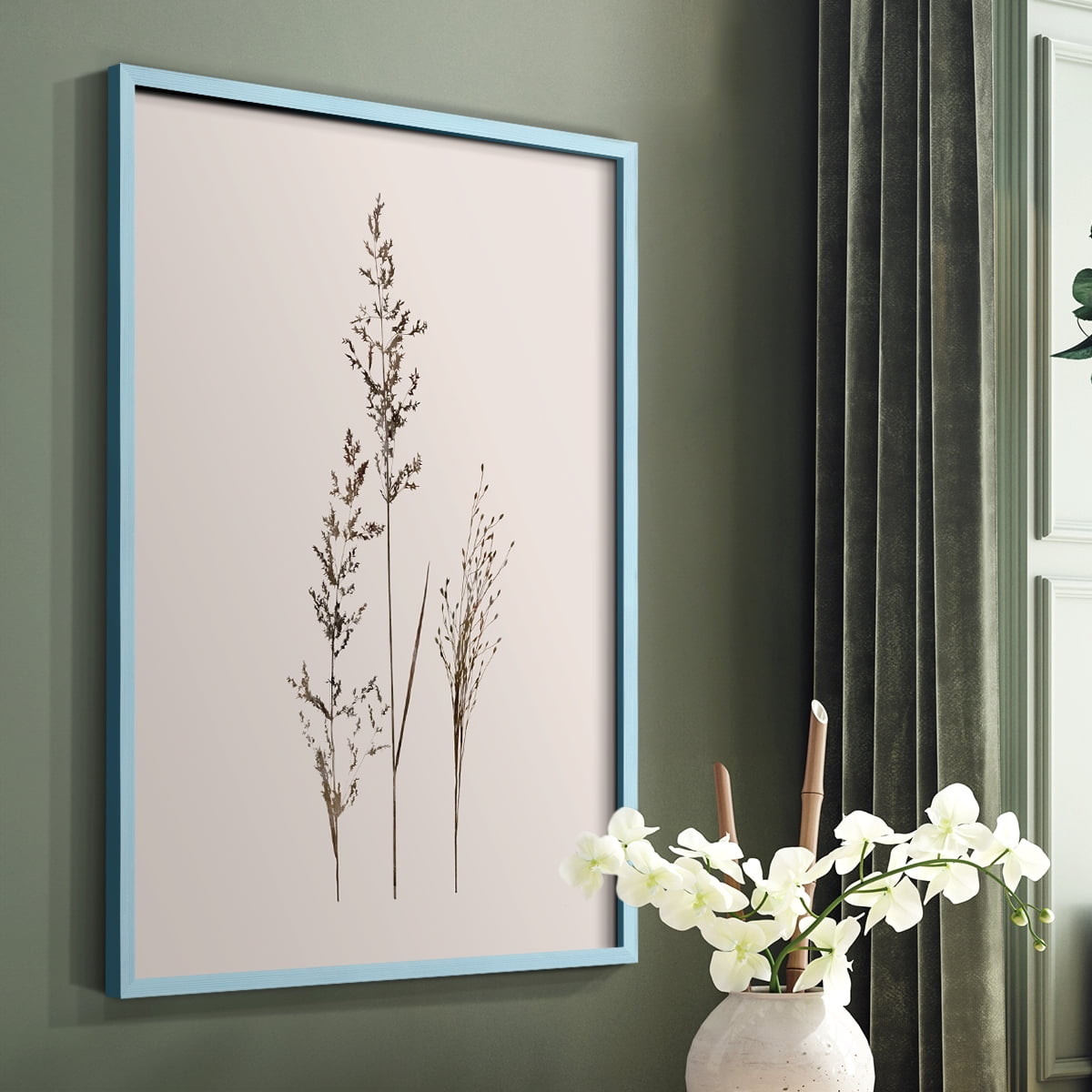 Delicate Stems I Framed Print in Blue Solid Wood Framed Print No Nail Hanging