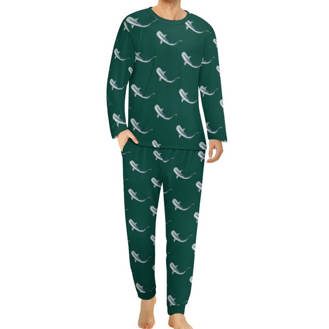 Pijama de tiburón blanco con silueta de animal para hombre, conjunto de pijama de manga larga moderno de 2 piezas, traje informal con gráficos para uso diario, regalo de cumpleaños