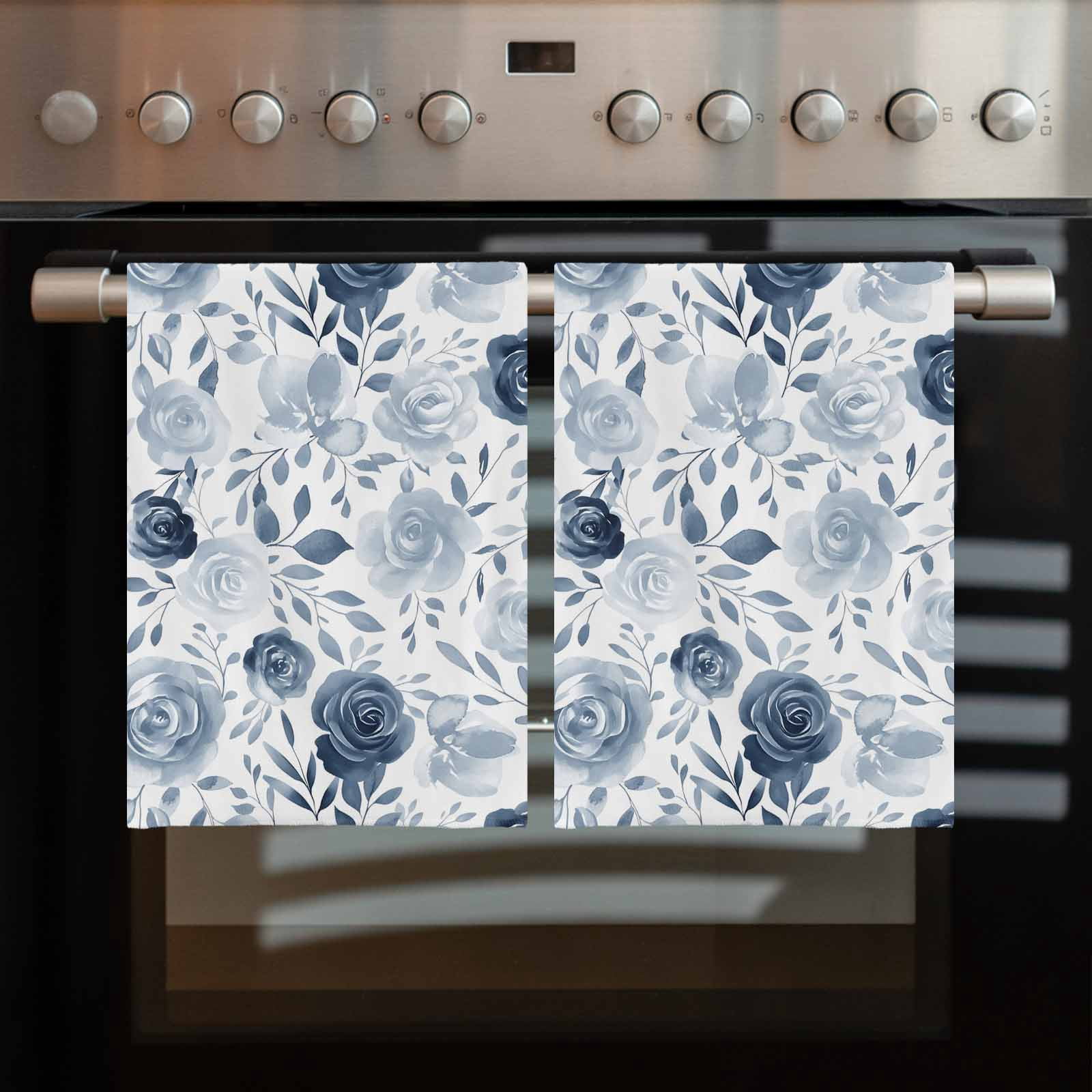Blue Flowers Kitchen Towels Set of 2, Water Absorbent Dish Towel, Watercolor Rustic Retro Floral Leaf Vines Decorative Hand Towels - Quick Drying Cloth for Cooking Baking, 18x28 Inch
