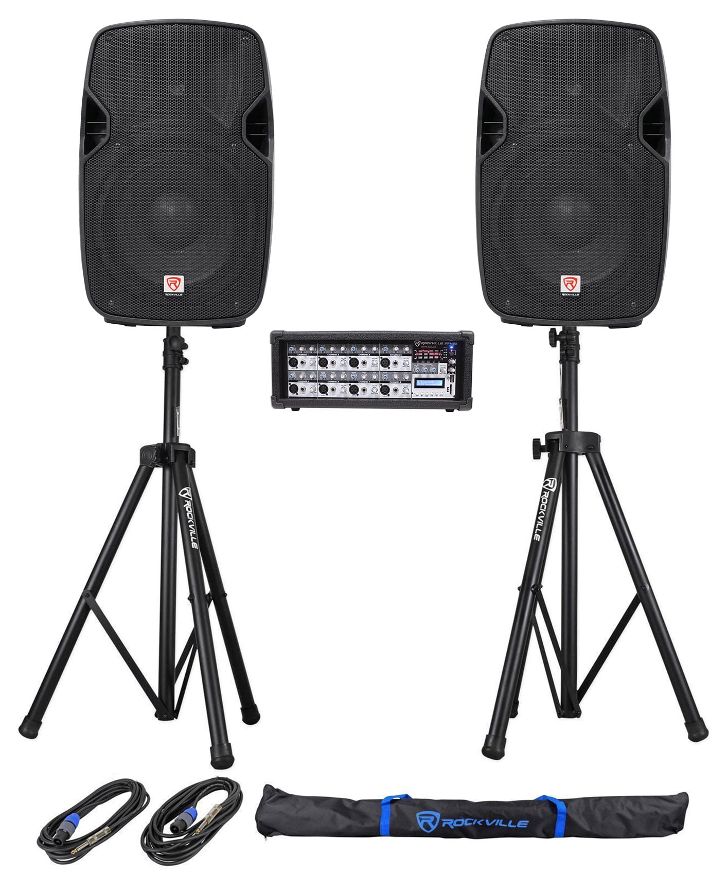 (2) Rockville 10" 800w PA Speakers+Powered Mixer+Stands+Cables For