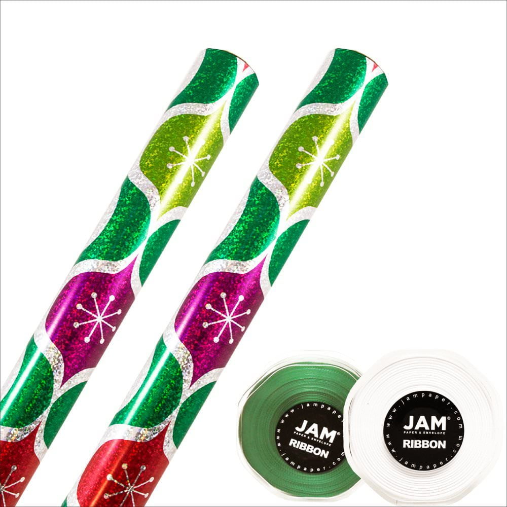 JAM Paper Christmas Wrapping Paper & Ribbon Bundle, 2 Rolls of 25 Sq Ft