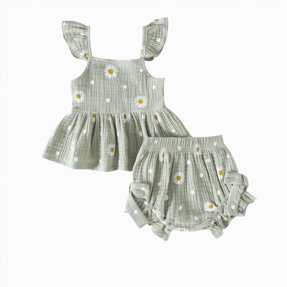 CAUYDY Toddler Baby Girl Clothes Summer Sleeveless Floral Ruffle Shirts Tops Solid Color Shorts Outfits Clothing Set Little Girls Spring Summer Clothes (Sizes 6-12 Months,H03-Green)