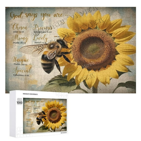 Sunflower And Bee God Says You Are Chosen Strong Unique 1000 Piece Puzzles for Adults and Kids Wooden Wall Art Decorative Sign for Bedroom Living Room Kitchen Bathroom Home Decor