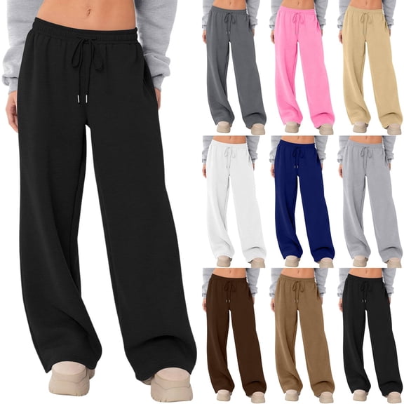 Women's Sweatpants Wide Leg Fleece Lined Sweat Pants Fall Winter Clothes 2026 Baggy Drawstring Joggers with Pockets Black S