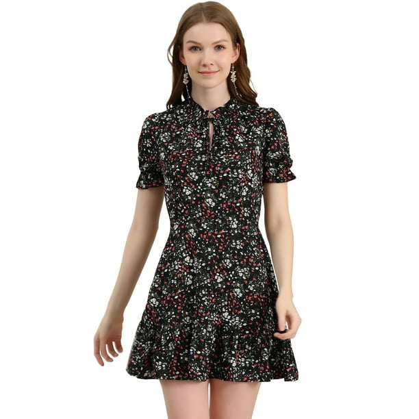 Vestido De Manga Abullonada Corta De Gasa Con Pajarita Floral Con Volantes Para Mujer Allegra K Negro verde flores rojas y blancas M