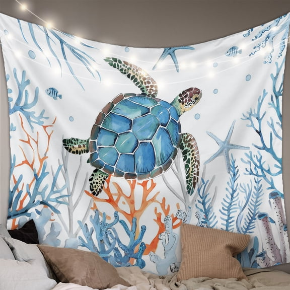 Sea Turtle Coastal Large Tapestry for Bedroom Wall Hanging Tapestry, Nautical Summer Beach Coral Ocean Ceiling Backdrop Tapestries Poster Blanket Wall Decor for Teens Room Living Room Dorm 100" x 59"