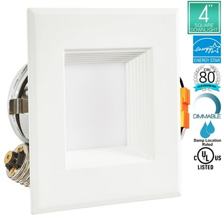 4 Inch Downlight - Luxrite 10W 4 Inch Square LED Downlight, 2700K Warm White, 60W Equivalent, Energy Star, Dimmable, 620 Lumens, Damp Rated, CRI80+, Baffle Trim, UL Listed, E26 Base, 1-Pack