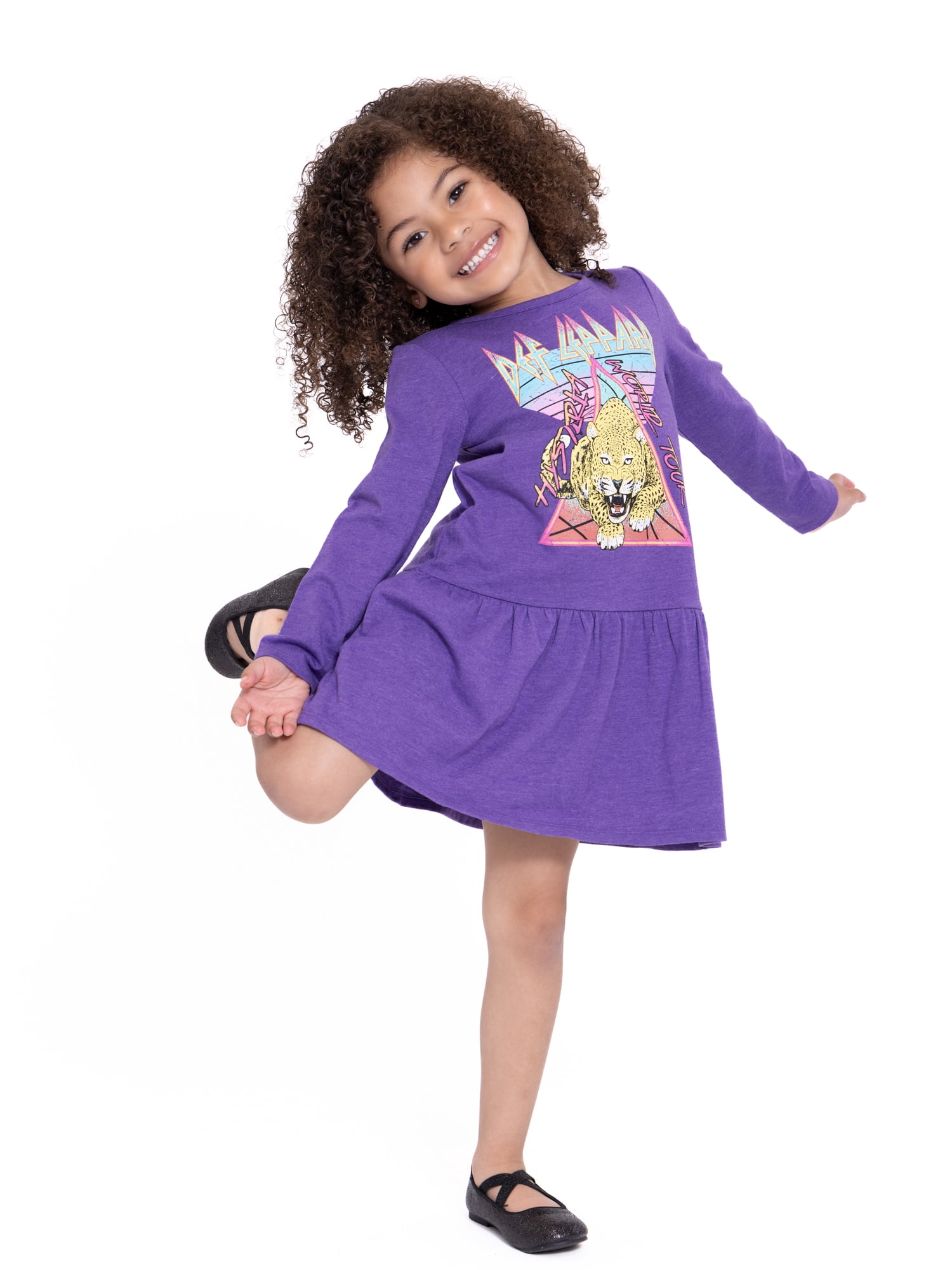 Def Leppard Toddler Girls Print Drop Waist Dress with Long Sleeves, Sizes 12M-5T