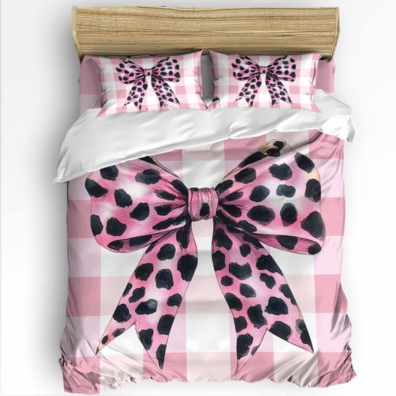 Leopard Print Bow Twin Size Comforter Set, Sweet Pink White Plaid Soft Bedding for All Seasons, 4 Pcs Bed Set with 1 Comforter (68"x86") ,1Sheet(66"x116"), 2 Pillowcases (19"x29")