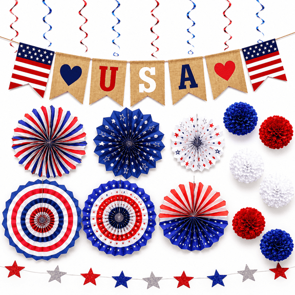 Kabuer 4th of July Patriotic Decorations Kit Paper Fans Hanging Star Swirls Flag Banner 26 Piece