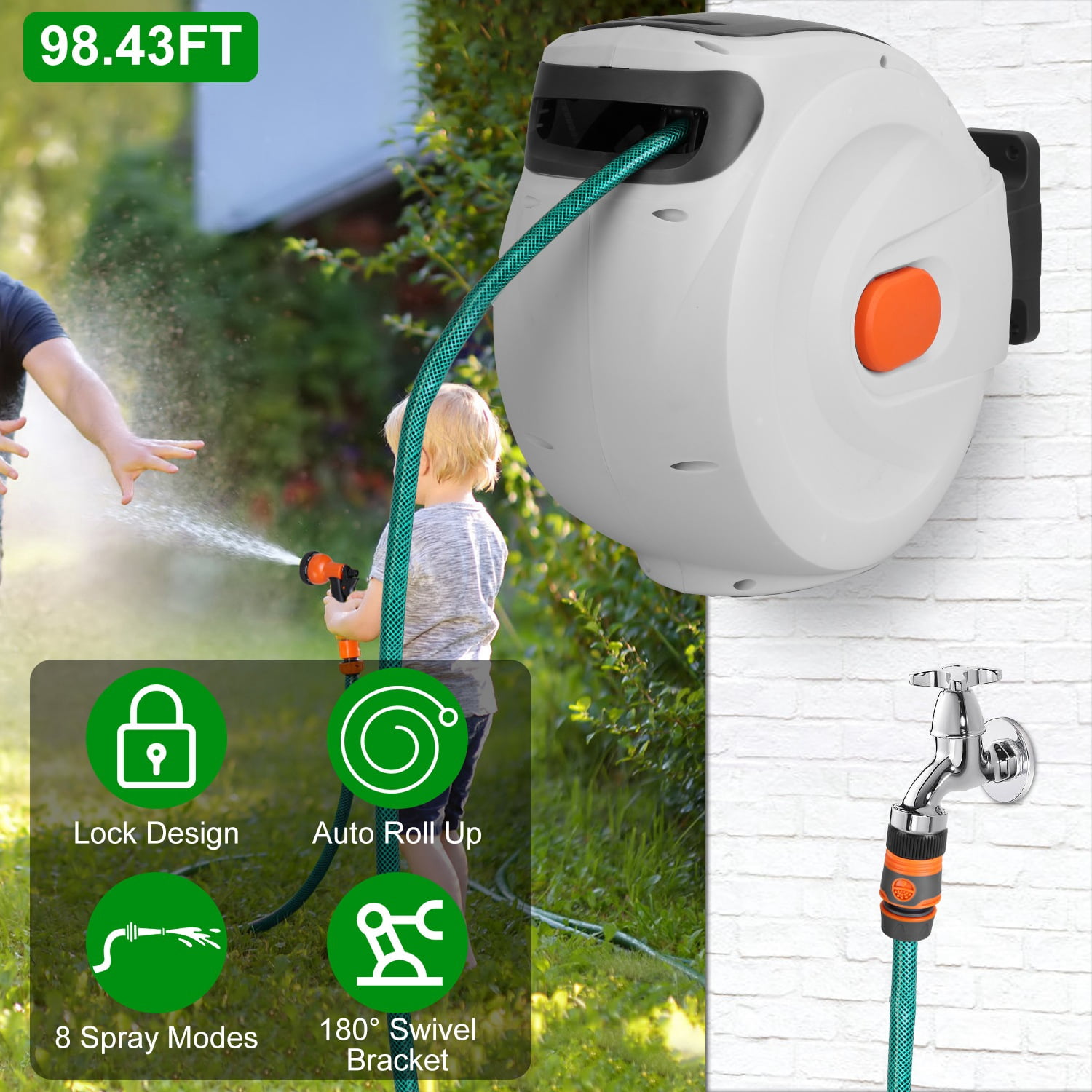 Teqhome Retractable Garden Hose Reel 98' Wall Mounted Hose Reel with 8 Pattern Spraying Modes Any Length Lock 180°Swivel Bracket (Beige)
