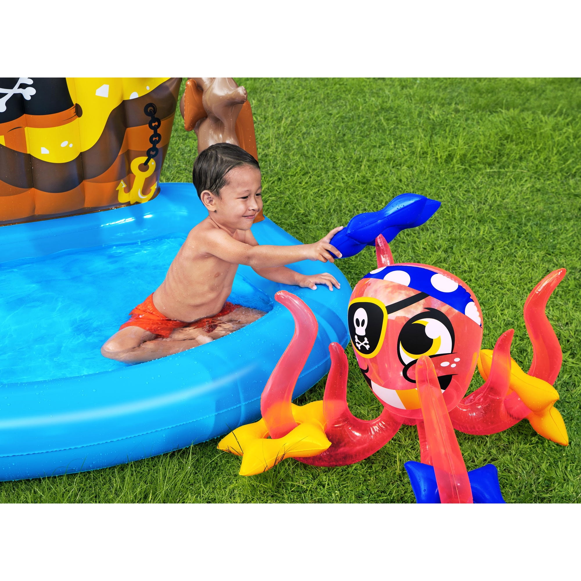 H2OGO! Ships Ahoy Pool Play Center - 55" x 51" x 41" - Bestway, Kids Inflatable Water Play Set, Includes Inflatable Octopus, Compass & 4 Rings, Kids Pirate Themed Pool, 22 Gallon Capacity, Ages 2+