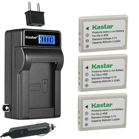 Image of Kastar 3-Pack Li-80B Battery and LCD AC Charger Compatible with PROSIO Slim Neo Xc534 Slim Neo Xi REVUE DC5 super slim DC50 slim DC55 slim DC6 DC6 super slim DC65 slim Digital Cameras
