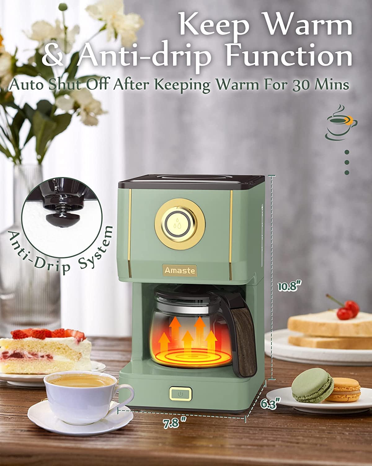 Drip Coffee Maker, Coffee Machine with 25 Oz Glass Coffee Pot, Retro Style Coffee Maker with Reusable Filter & Three Brewing Modes, 30minute-Warm-Keeping, Matcha Green