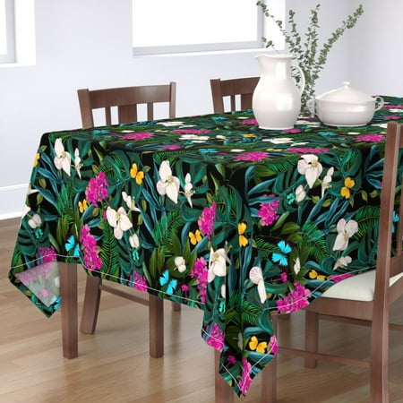 

Cotton Sateen Tablecloth 70 x 120 - Floral Beach Tropical Hawaii Exotic Monstera Summer Black Print Custom Table Linens by Spoonflower