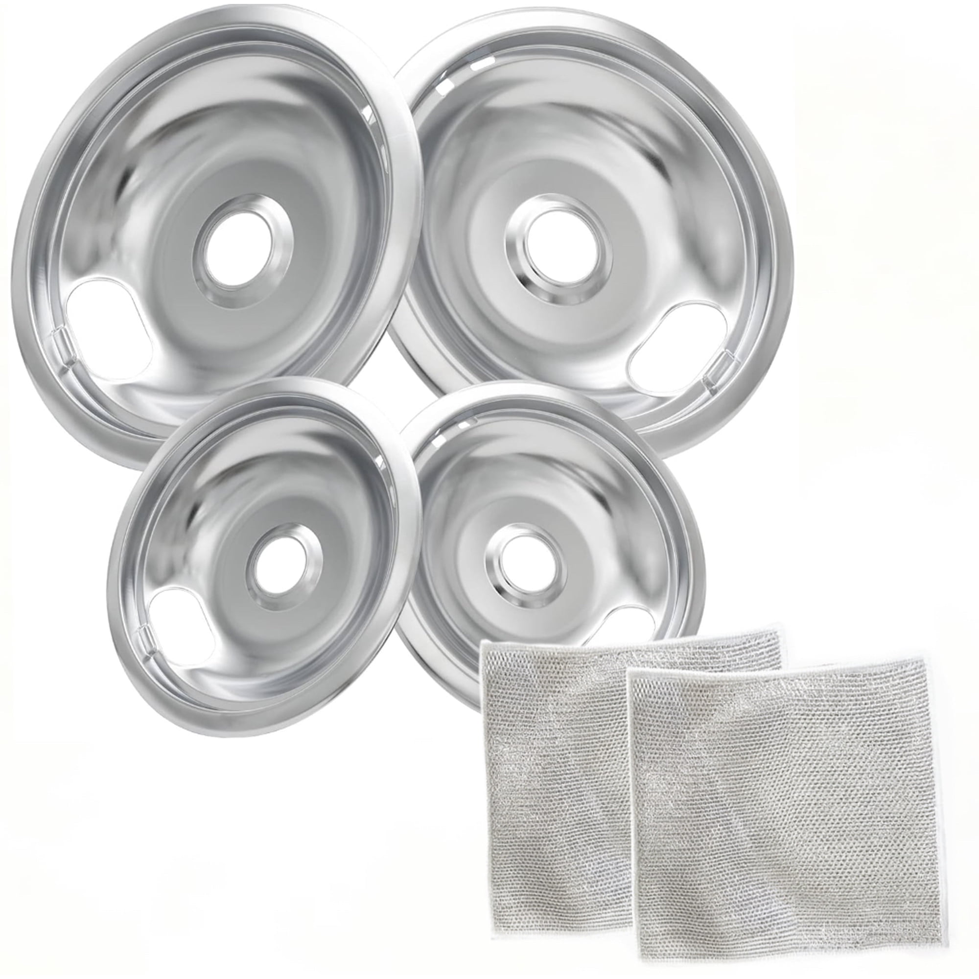 4 Piece Drip Pans Set Compatible with Whirpool Kenmore Frigirate Stove,Chrome Finish Electric Stove Burner Drip Pans, Include 2 Pcs 6'' and 2 Pcs 8 '' Cooktop Replacement Drip Pans