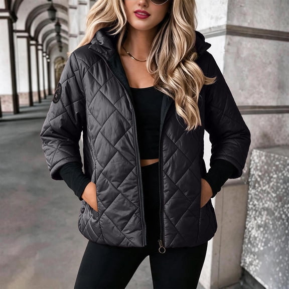 Mifsaly Womens Puffer Jacket Full Zip Hooded Padded Winter Coat Lightweight Windproof Thermal Insulated Cold Weather Outerwear with Zipper Pockets Black,M