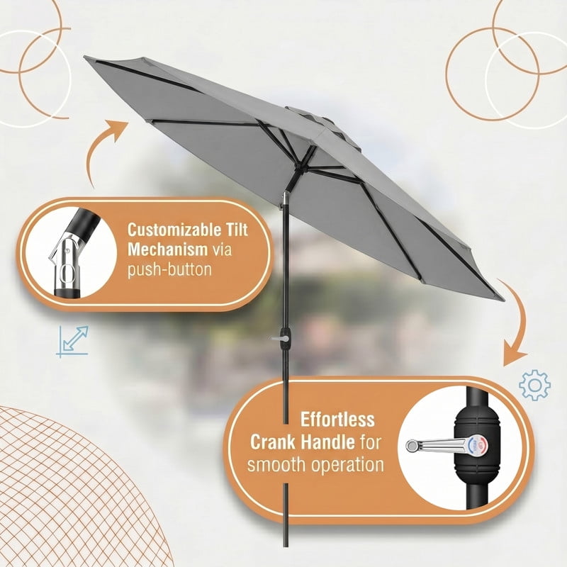 Lacoo 9' Outdoor Patio Umbrella, Market Table Umbrella with Push Button Tilt, 8 Heavy-Duty Steel Ribs & Wind Vents, Gray