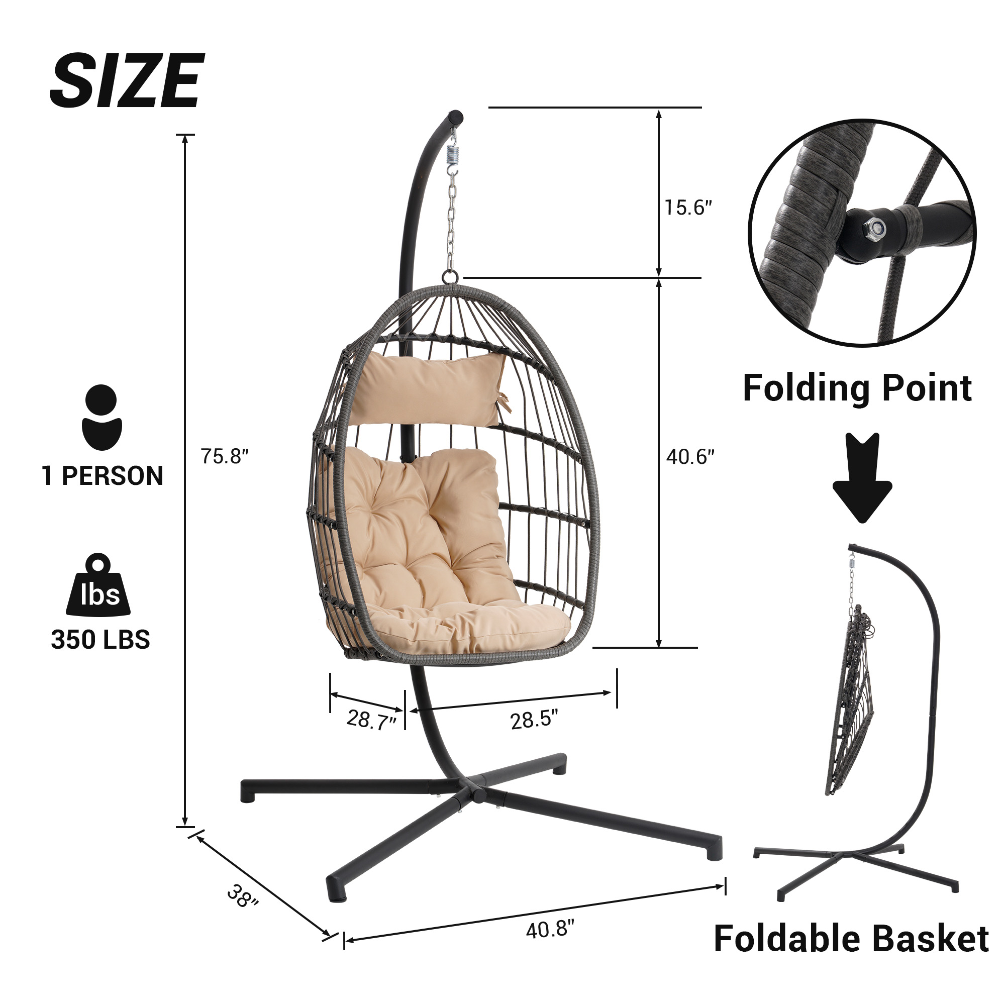 Wicker Swing Chair, BTMWAY Patio Foldable Egg Chair with Stand and Cushions, Outdoor All-weather Rattan Hammock Egg Chair Folding Hanging Chair for Balcony Backyard Garden Poolside, Holds 380lb, Beige - image 4 of 4