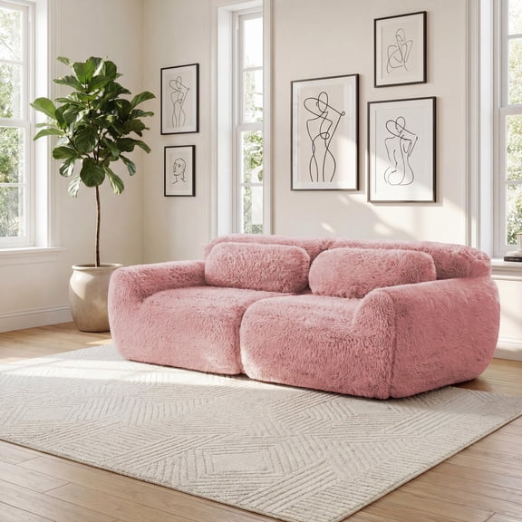 FurnitureR 68" Modern Modular Sectional Sofa, 2-Seater Cloud-like Faux Fur Couch with Non-Slip Base and 2 Pillows, No Assembly Required, High-Density Foam Loveseat for Living Room, Pink