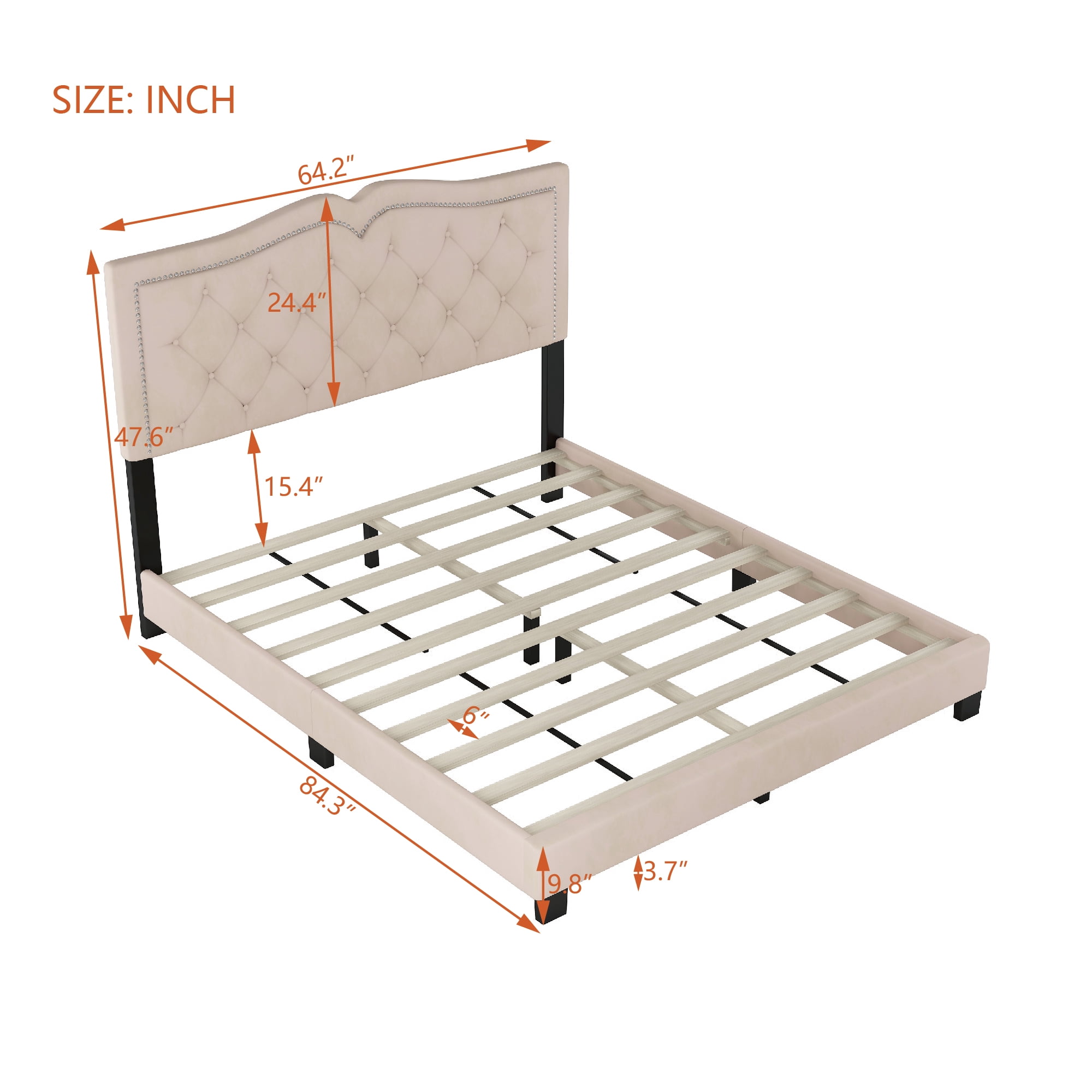Queen Size Upholstered Bed Frame - Velvet Tufted Headboard with Rivet Design, Beige, 700LBS Capacity, No Box Spring Needed​