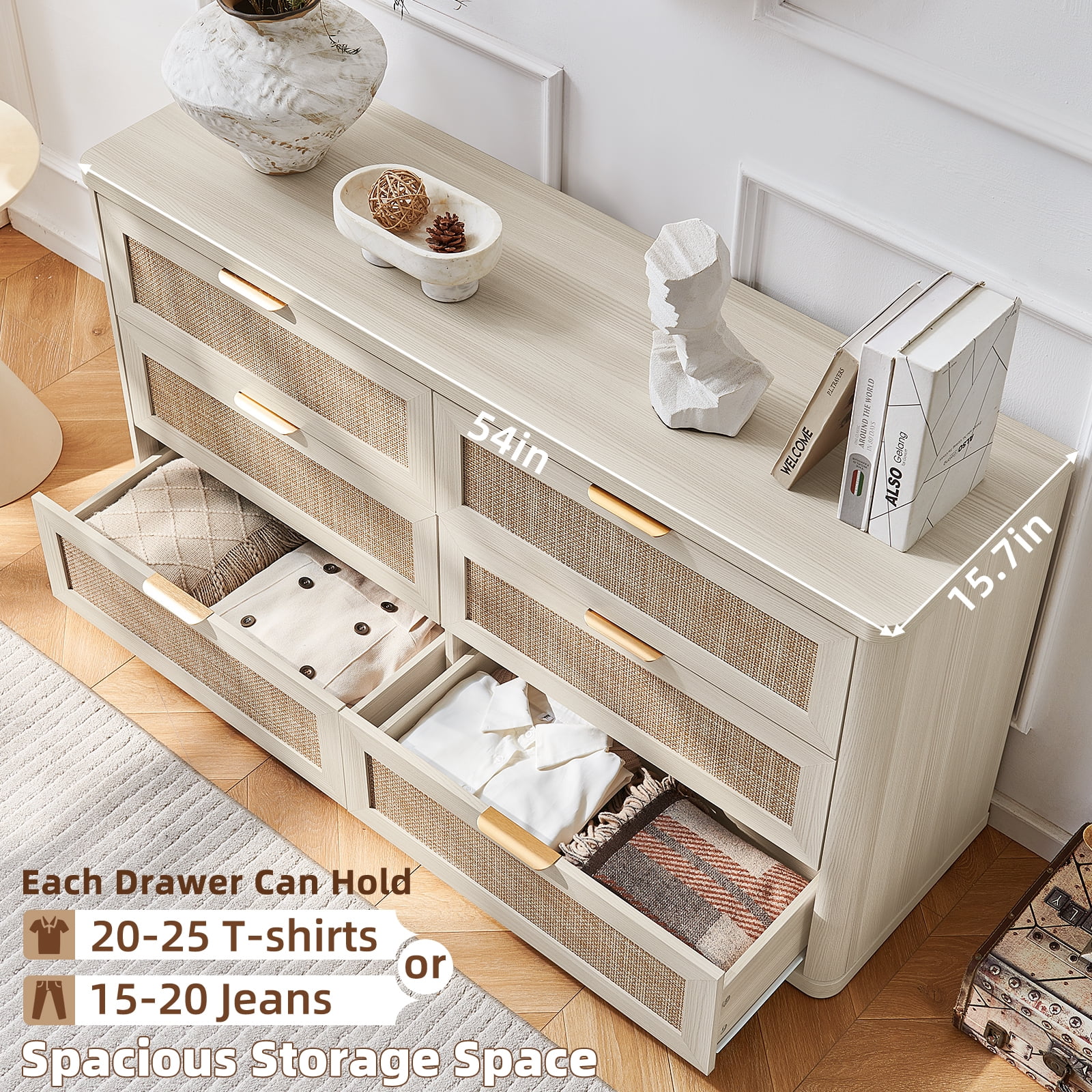 6 Drawer Dresser for Bedroom, Boho&Modern Wood Chest of Drawer with Golden Embedded Handles for Living Room, White Oak