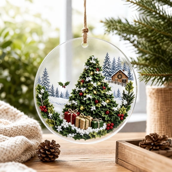 Round Clear Acrylic Christmas Ornament, Winter Cabin Christmas Tree Printed Hanging Ornament, Forest Scene for Tree, Wreath, Garland, Mantel, Window and Holiday Decor​, C