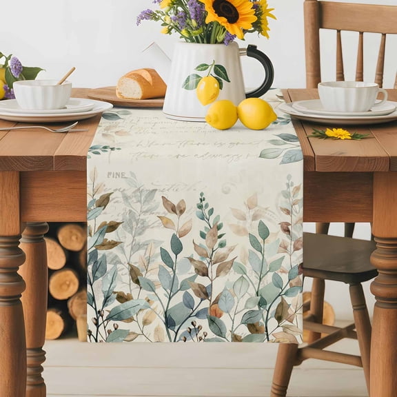 Burlap Table Runner 36 Inches Long,Green Leaves Watercolor Botanical Country Pastoral Non-Slip Kitchen Table Runners for Dining Room Everyday Use Party Table Decorations Retro Letter