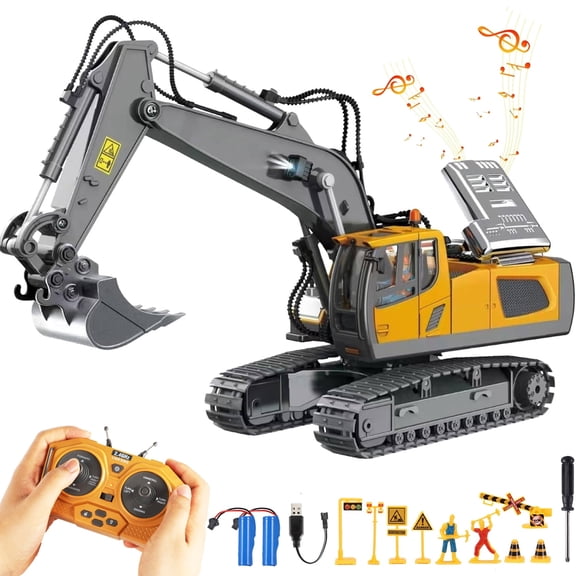 Remote Control Excavator for Kids, Rechargeable 11 Channel RC Construction Vehicle with Metal Shovel,Lights and Sounds, RC Excavator Toys for 3-12 Years Boys Girls