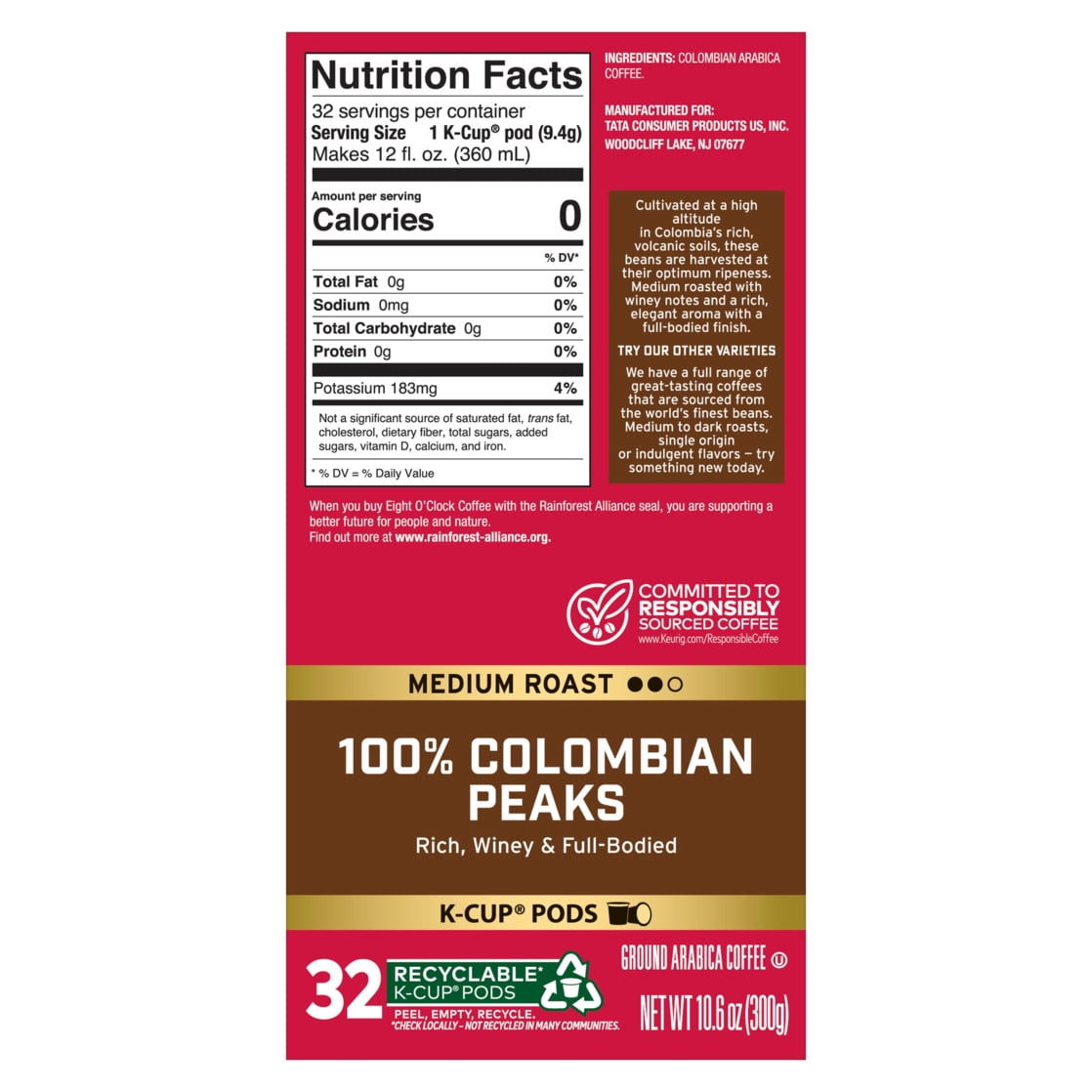 Eight O'Clock Coffee Medium Roast 100% Colombian Peaks Coffee Value Pack 32 - 0.33 oz K-Cup Pods