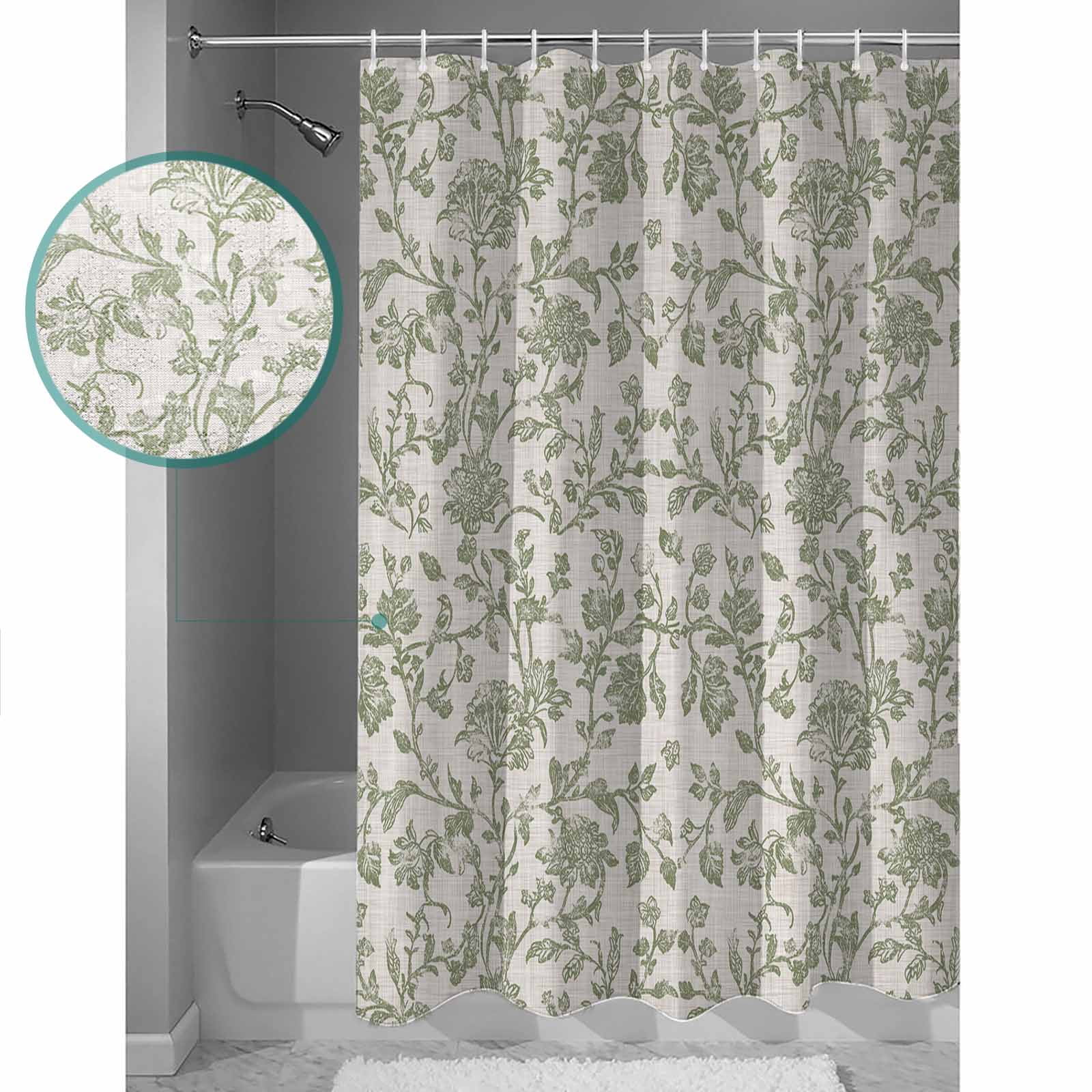 Farmhouse Sage Green Bathroom Curtain 72 Inch Shower Curtain with Hooks, Vintage Flower Leaf Botanical Waterproof Polyester Bath Curtain Washable Bathtub Curtain 72''x 72''