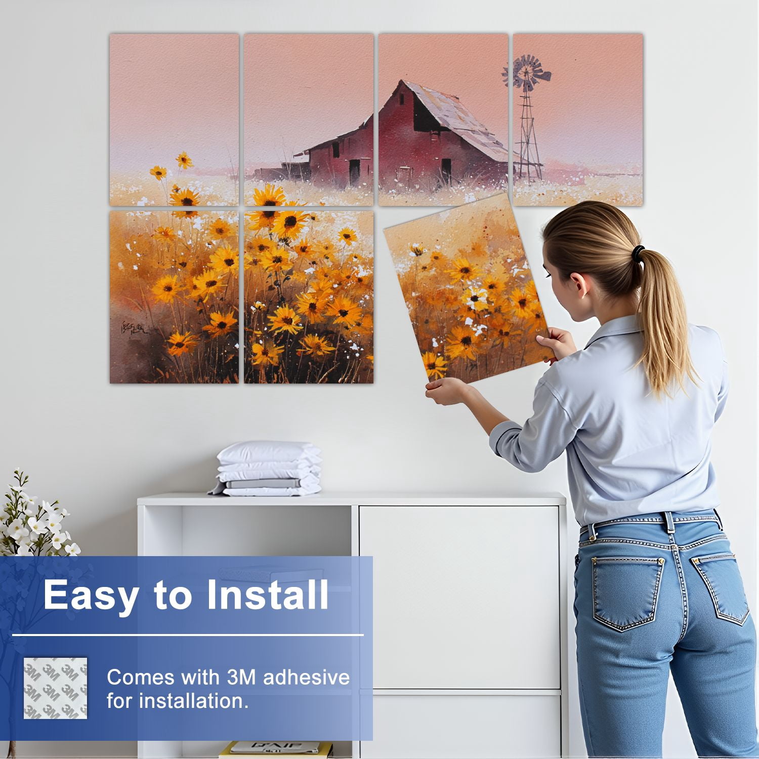 8 Pack Art Acoustic Panels Sound Absorbing Tranquil Western Landscape Sunflowers Windmill Decorative Soundproof Wall Panels Self Adhesive for Bedroom Home Office 48"x32"