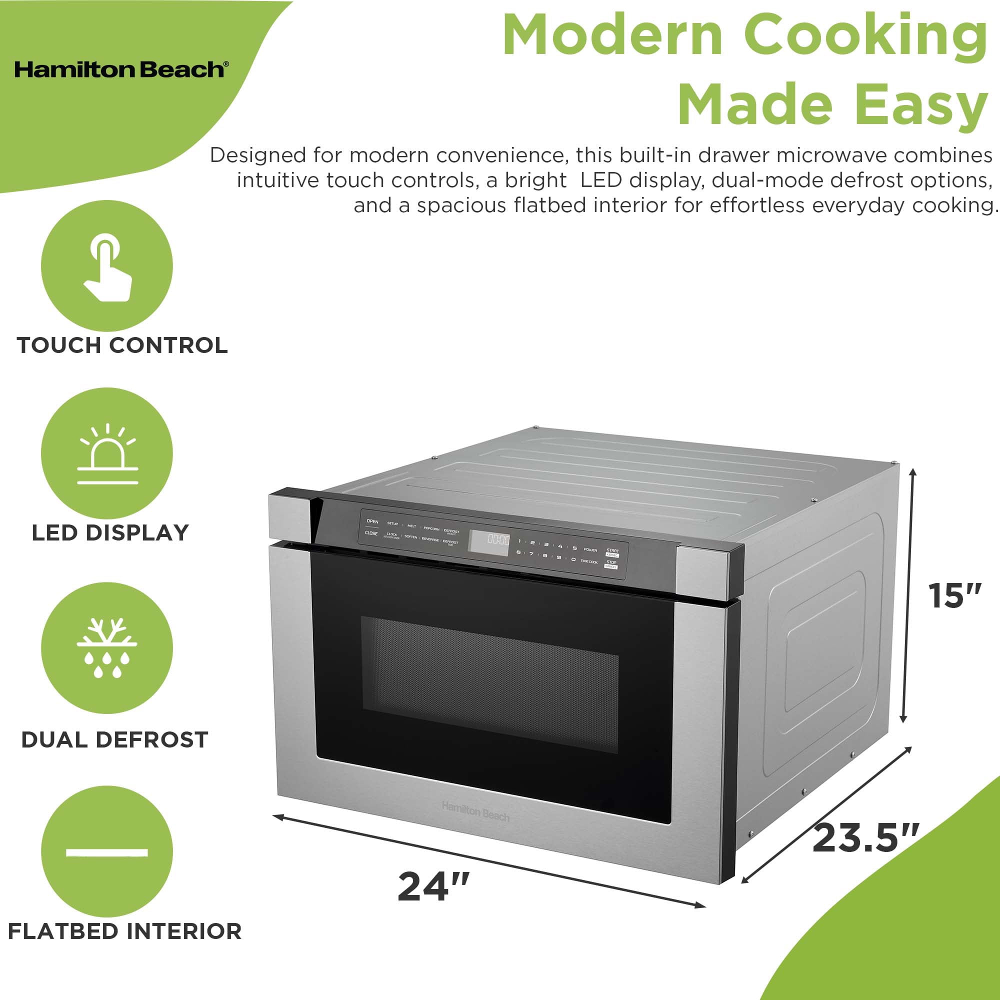 Hamilton Beach 24" 1.2 Cu. ft. Built-in Microwave Oven, 1000 Watts Electric Drawer Oven with Touchscreen Control, Stainless Steel