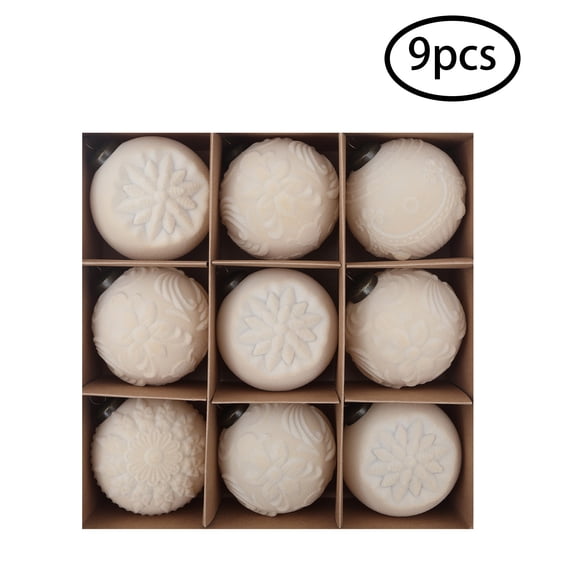 HOARBOEG 9Pcs Cream Embossed Flocked Christmas Ornament Balls, Xmas Tree Hanging Baubles with Gift Box, Festive Party Decoration for Home Holiday Display