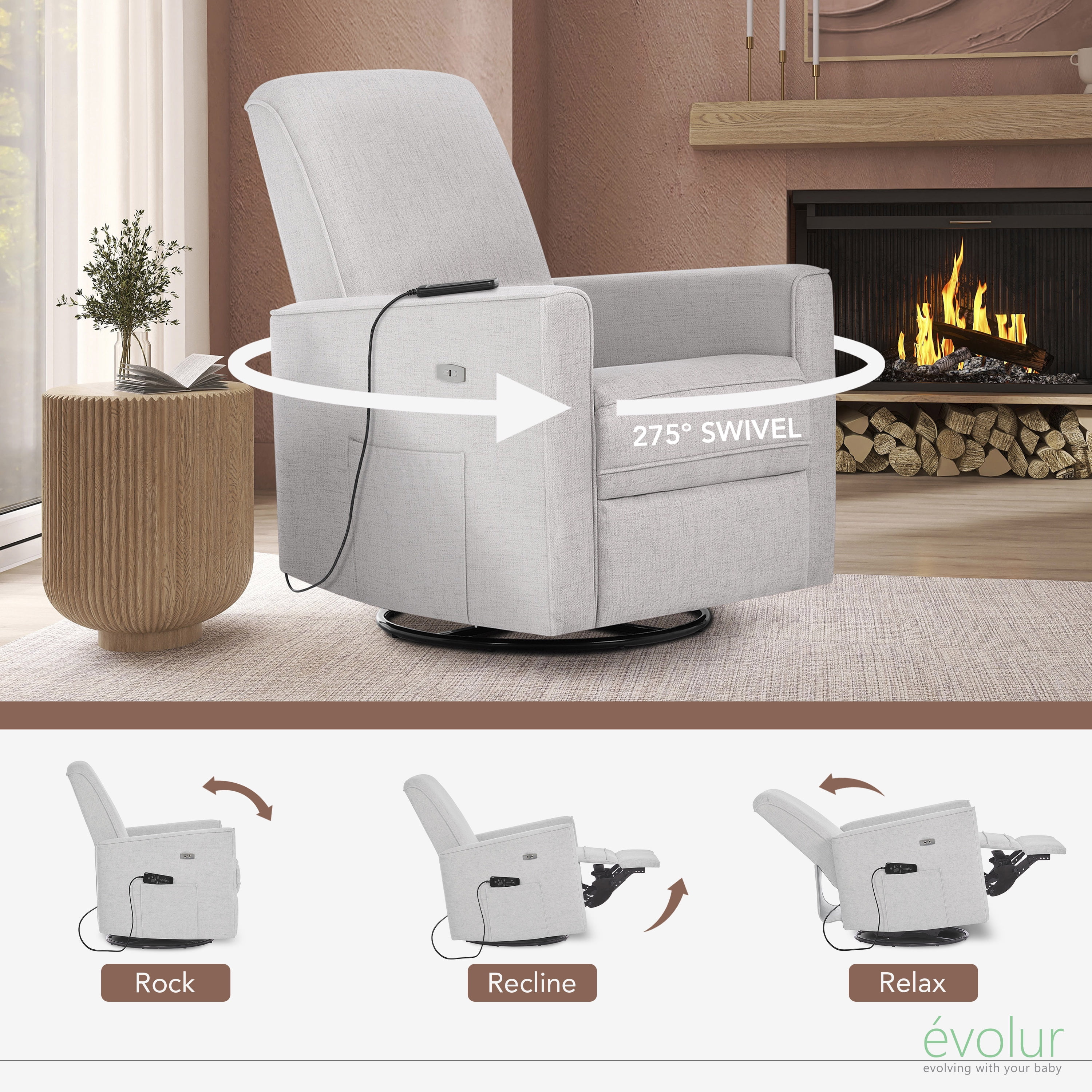 Evolur Harlow Deluxe Upholstered Glider, Power Recliner USB Port with in-Built Massager, Fog Grey