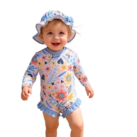 lnmuld Baby Girls Long Sleeve Rash Guard Swimsuit Set UPF 50 with Snap Button and Matching Sun Hat Size:12-15 Month