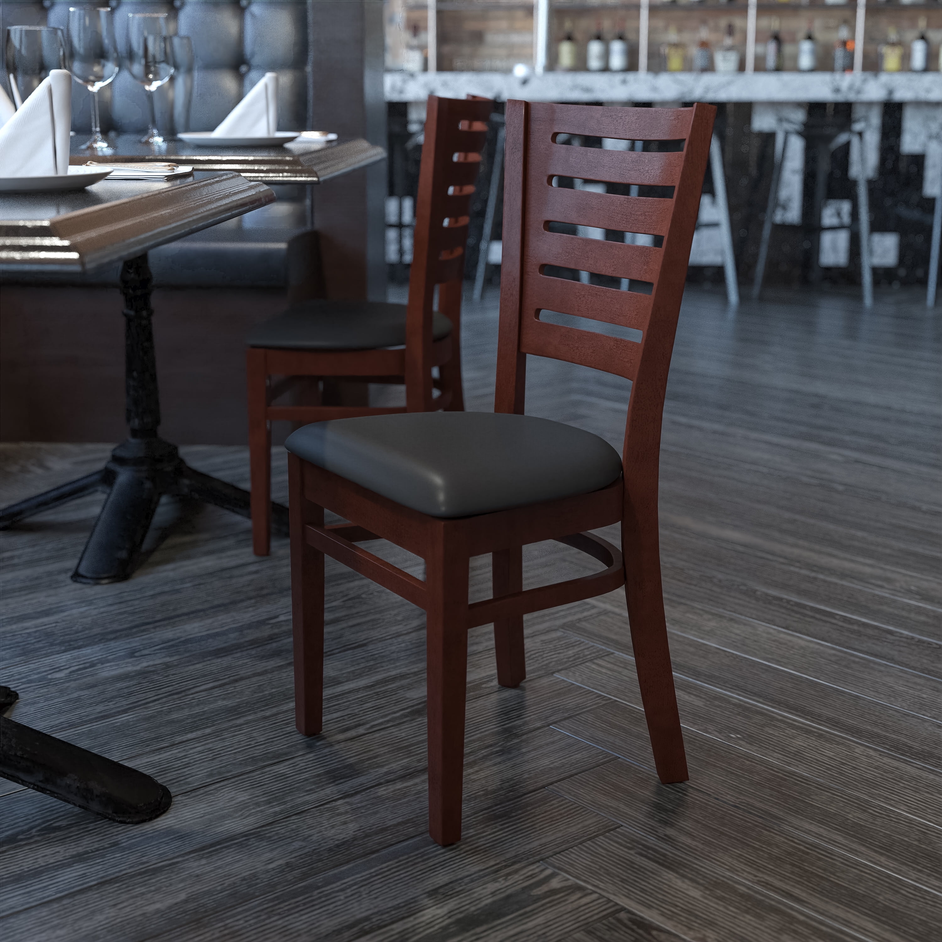 Flash Furniture Darby Series Slat Back Walnut Wood Restaurant Chair - Black Vinyl Seat