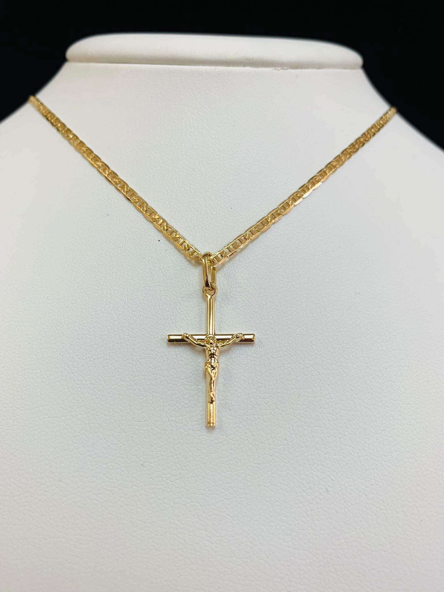primejewelry269 Tube Cross Necklace for Women, Gold Filled, Dainty Cross with Mariner Chain, 24x14mm