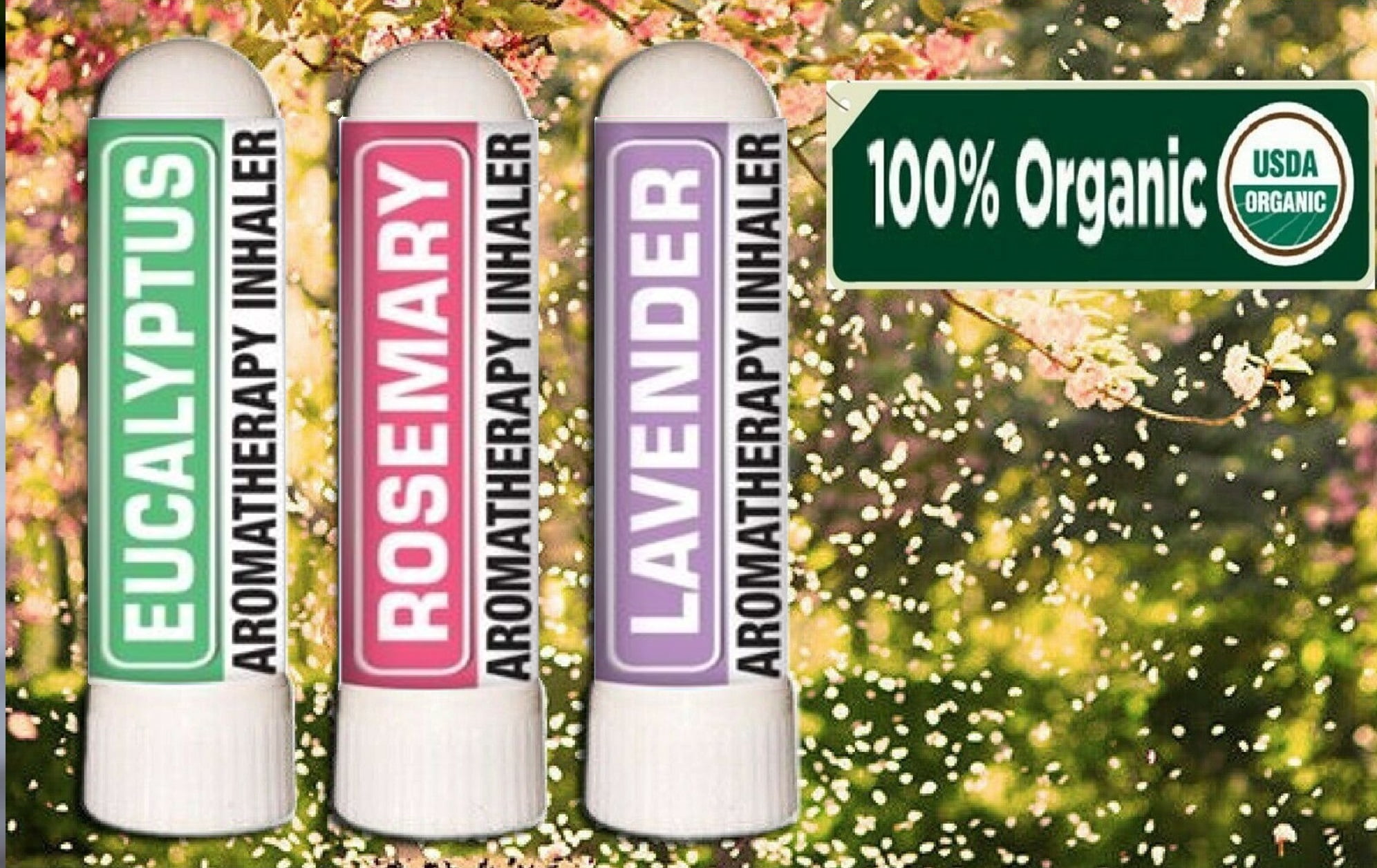 Nasal Inhaler Aromatherapy USDA Organic Gift Set of 3 - Eucalyptus, Lavender and Rosemary - Made with  100% Pure Therapeutic Grade Organic Essential Oils 0.7 mL each by Sponix Made in USA
