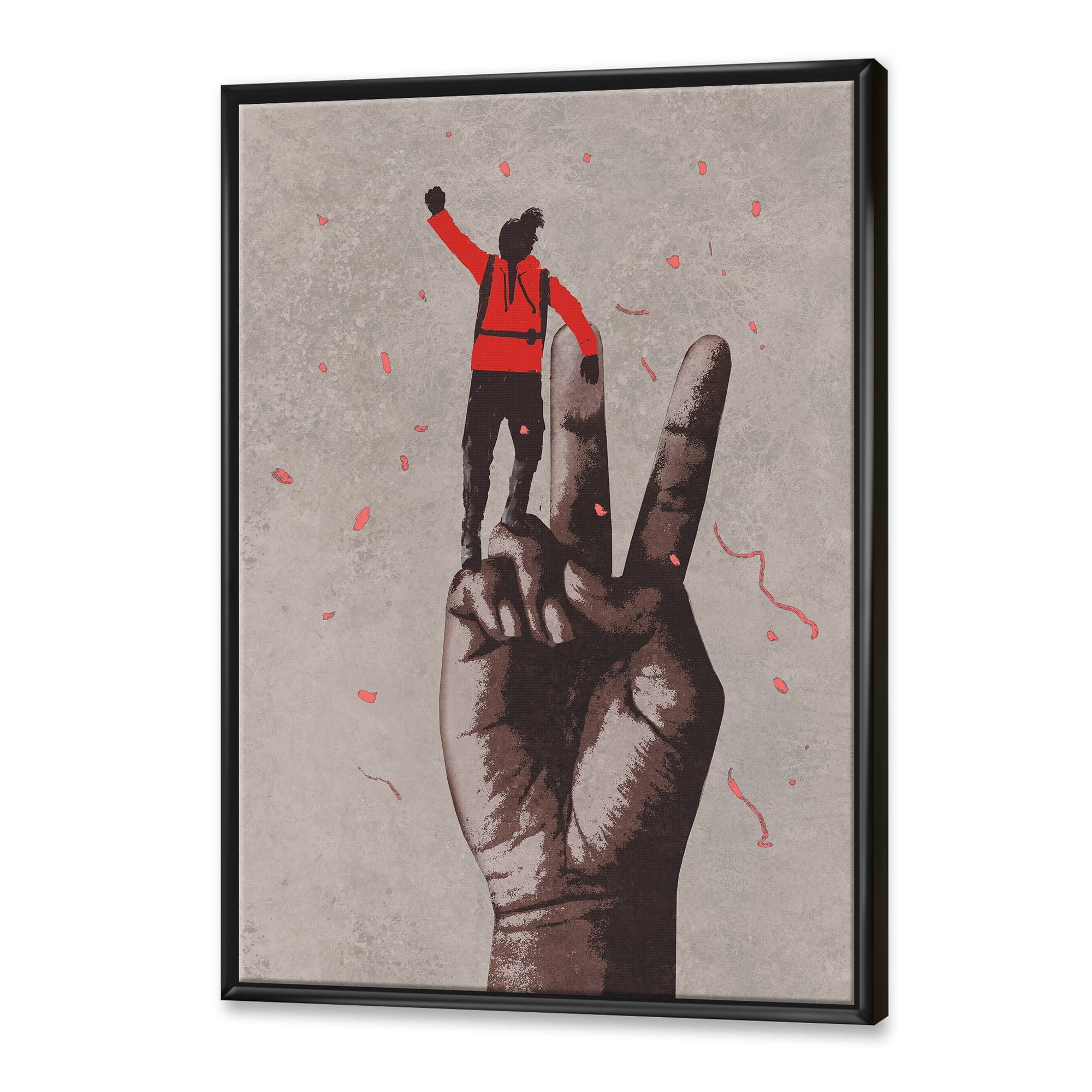 Designart 'Man With Arm Raised On Victory Sign' Modern Framed Canvas Wall Art Print