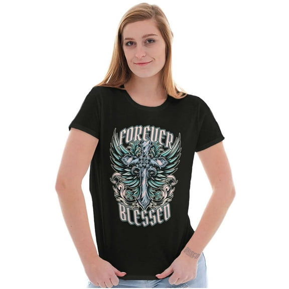 Goth Forever Blessed Cross Wings Womens Slim Fit Graphic Tee Brisco Brands S