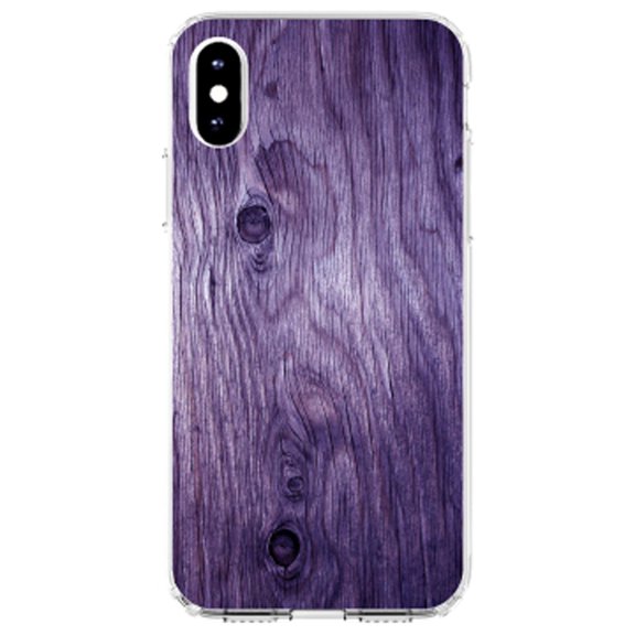 DistinctInk Clear Shockproof Hybrid Case for iPhone X / XS (5.8" Screen) - TPU Bumper, Acrylic Back, Tempered Glass Screen Protector - Purple Weathered Wood Grain Print - Printed Wood Grain Image