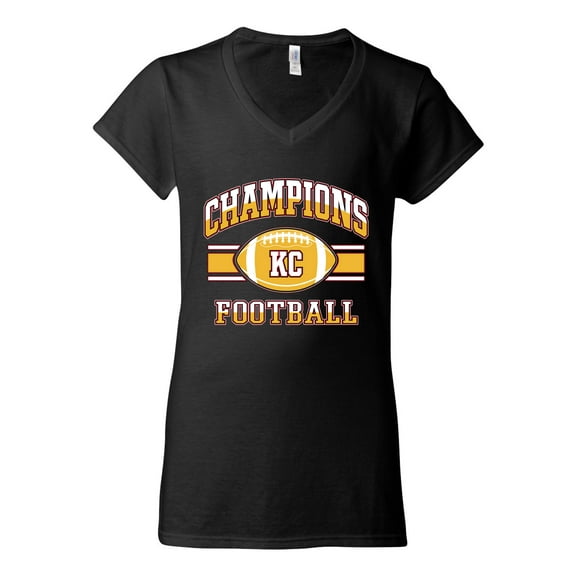 Wild Bobby Champions Kansas Football Fan Sports Women Standard V-Neck Tee, Black, Small